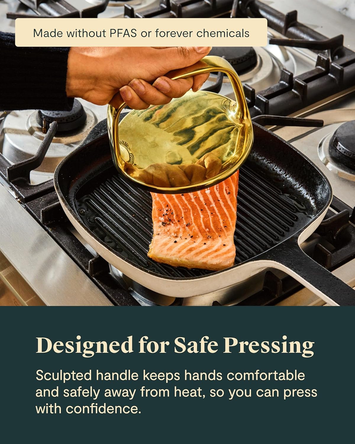 Caraway Grill Press with Handle - 100% Stainless Steel Body - Safe for Use with Pans and Grills - Ideal for Meat, Salmon, Tofu, Veggies - Perracotta