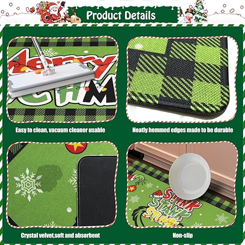 Miniatura 4 de Juego de 2 tapetes de cocina con texto en inglés "Merry Christmas", color rojo y verde, antideslizantes, absorbentes, tapetes de cocina para el
