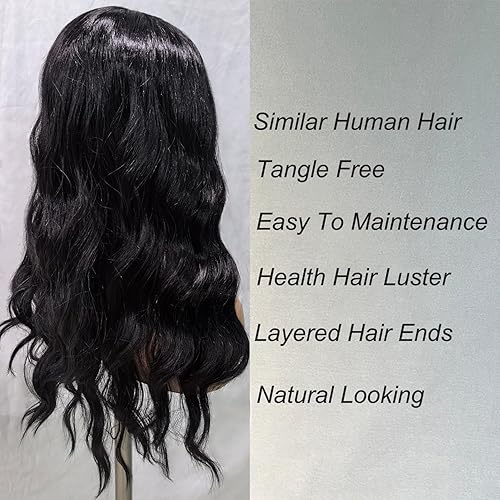 Miniatura 4 de SOKU Pelucas largas y onduladas negras, pelucas sintéticas de encaje frontal de 26 pulgadas, peluca de encaje transparente de 26 pulgadas con pelo