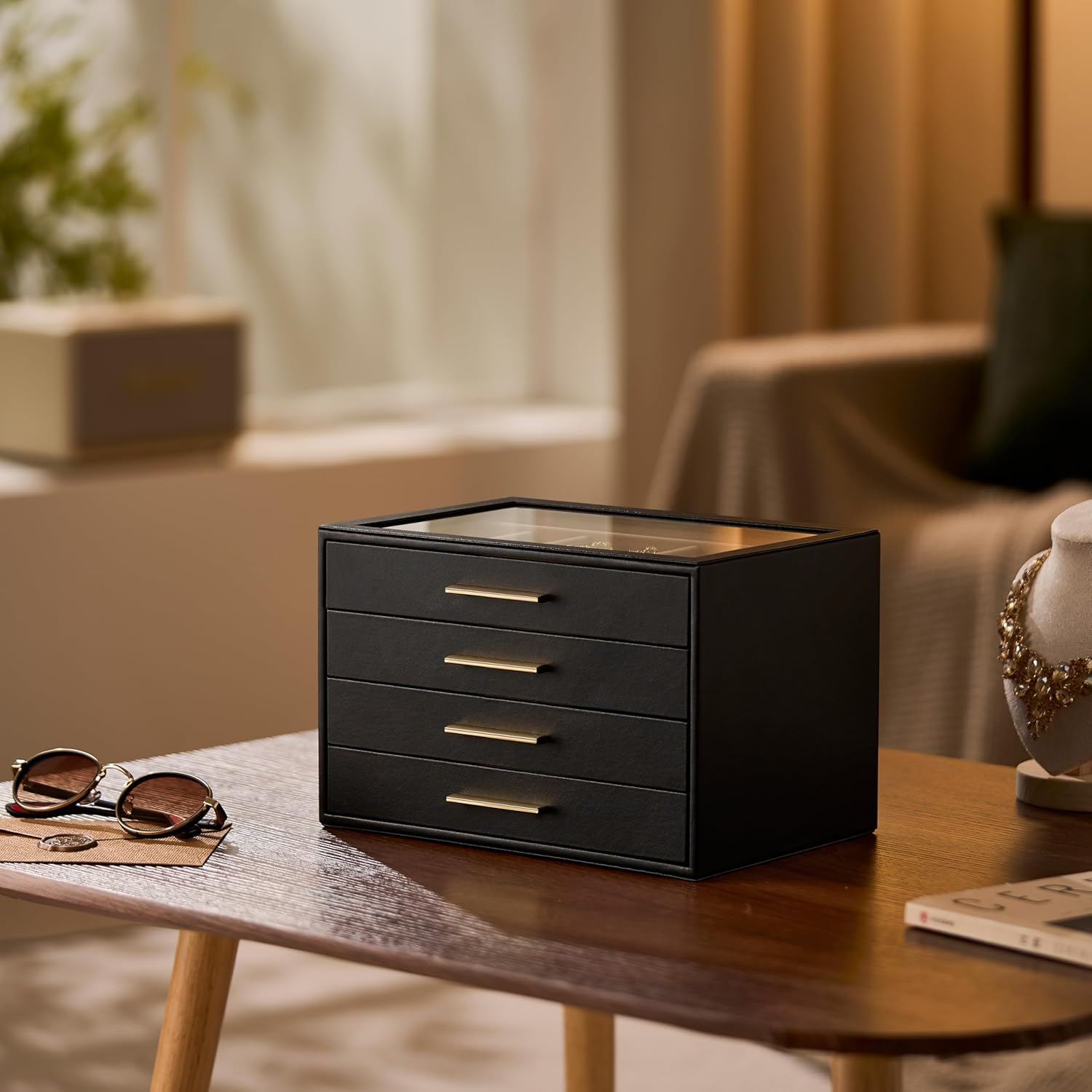 pickpiff Jewelry Box Organizer Case for Women: 4-Layer Jewelry Storage Case with Glass Window, Black Leather with Blush Velvet, Holder for Ring Necklace Bracelet Brooch Watch, Great Gift for Her - Image 7