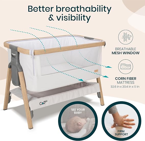 Tutti Bambini CoZee 2-in-1 Baby Bassinet & Bedside Sleeper - Fast-Folding Bedside Bassinet, Baby Crib with 6 Mattress Heights & Breathable Mesh Window, Mattress Included, 0-6 Months (Silver & Oak)