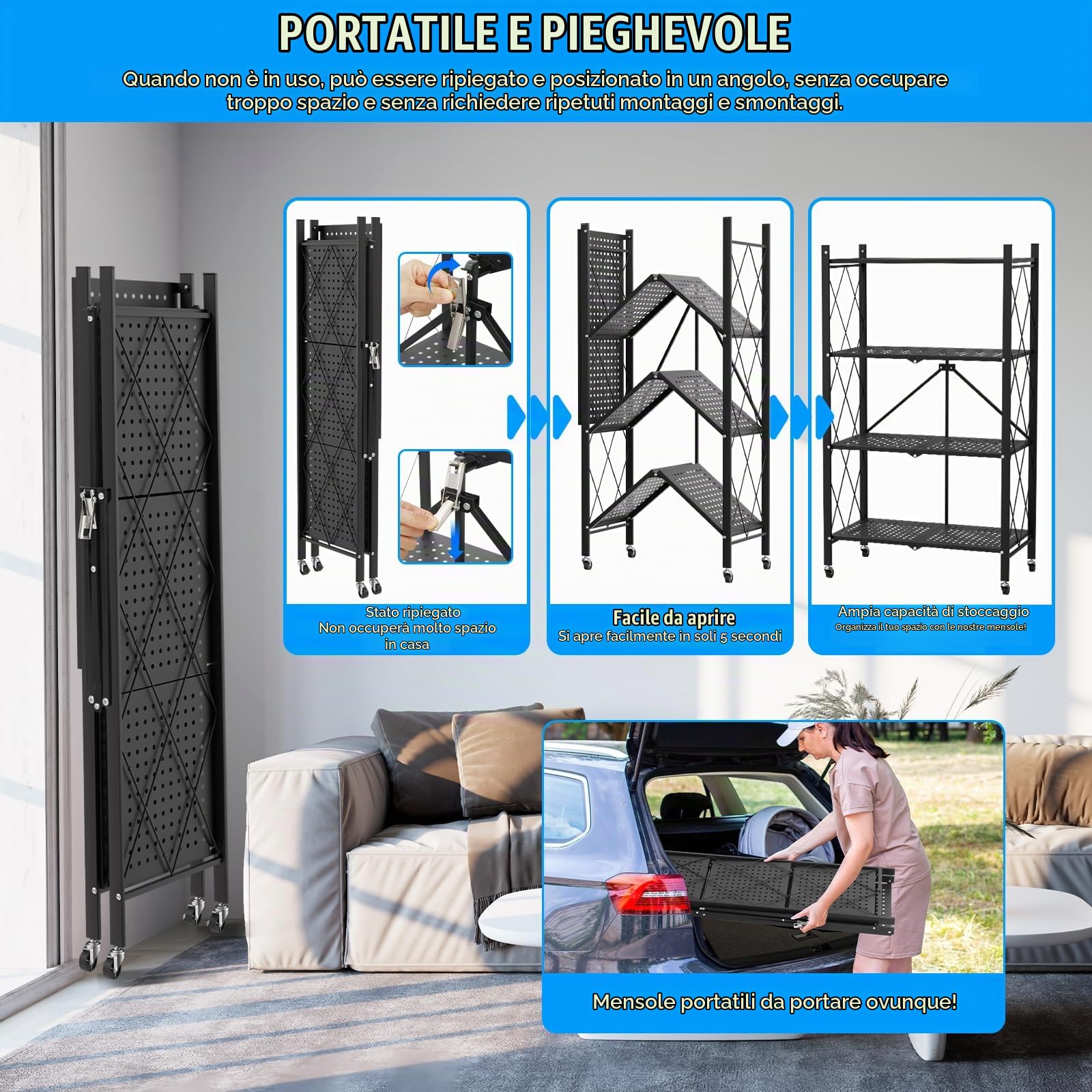 Pieghevole Scaffali in Metallo con Ruote,4 Piano Ripiano Scaffale con Ruote,Soggiorno con 4 Ripiani,gehören Camera da Letto,caffale Pieghevole,Mobili per Cucina