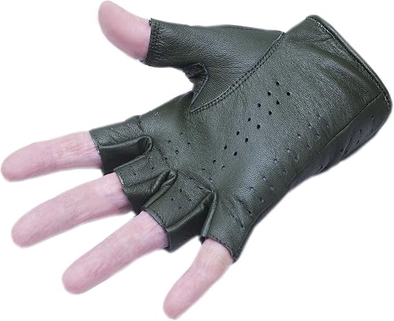 Gloves 007 Driving Gloves Half Finger Finger Less Knuckle Holes For Men Genuine Leather (Medium, Commando Green)