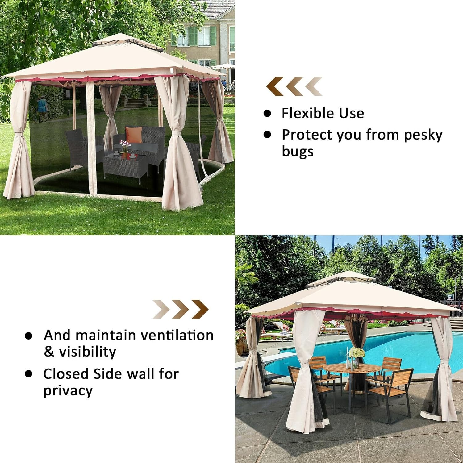 LAUSAINT HOME Outdoor Gazebo 10 x 10 FT, Steel Frame Garden Gazebo with Ventilated Double Roof & Mesh Netting, Patio Party Canopy Shelter for Backyard, Lawn & Deck, Khaki