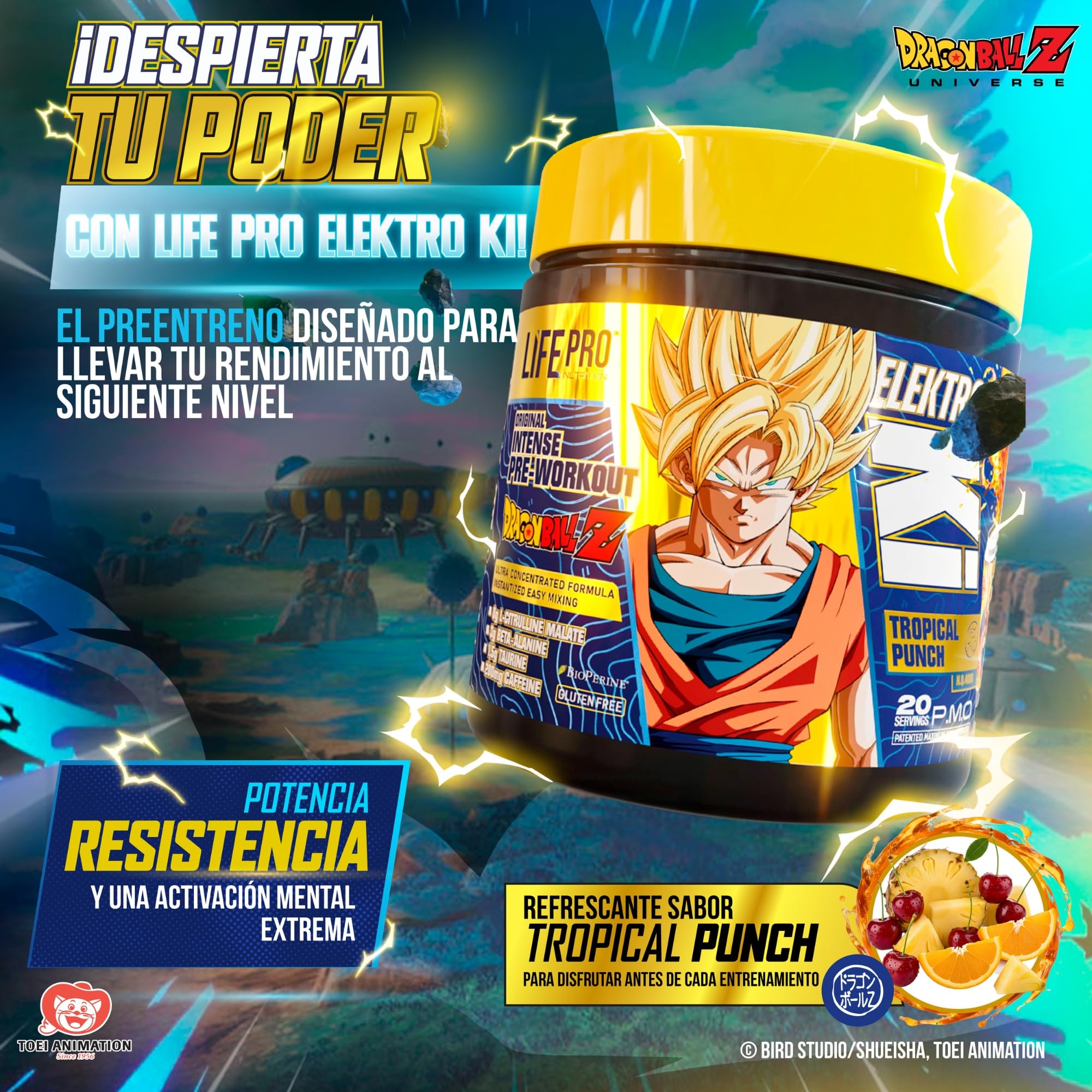 Life Pro Elektro Ki Dragon Ball Z Limited Edition 400g - Potente Preentreno Inspirado en Dragon Ball Z, Aumenta tu Rendimiento y Supera tus Limites como un Guerrero Legendario (400g, TROPICAL PUNCH)