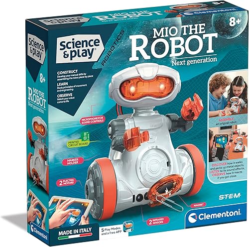 Clementoni - Science & Play Mio Robot Robot interactivo de aprendizaje STEM con aplicación, evitación de obstáculos y función de dibujo (más de 8