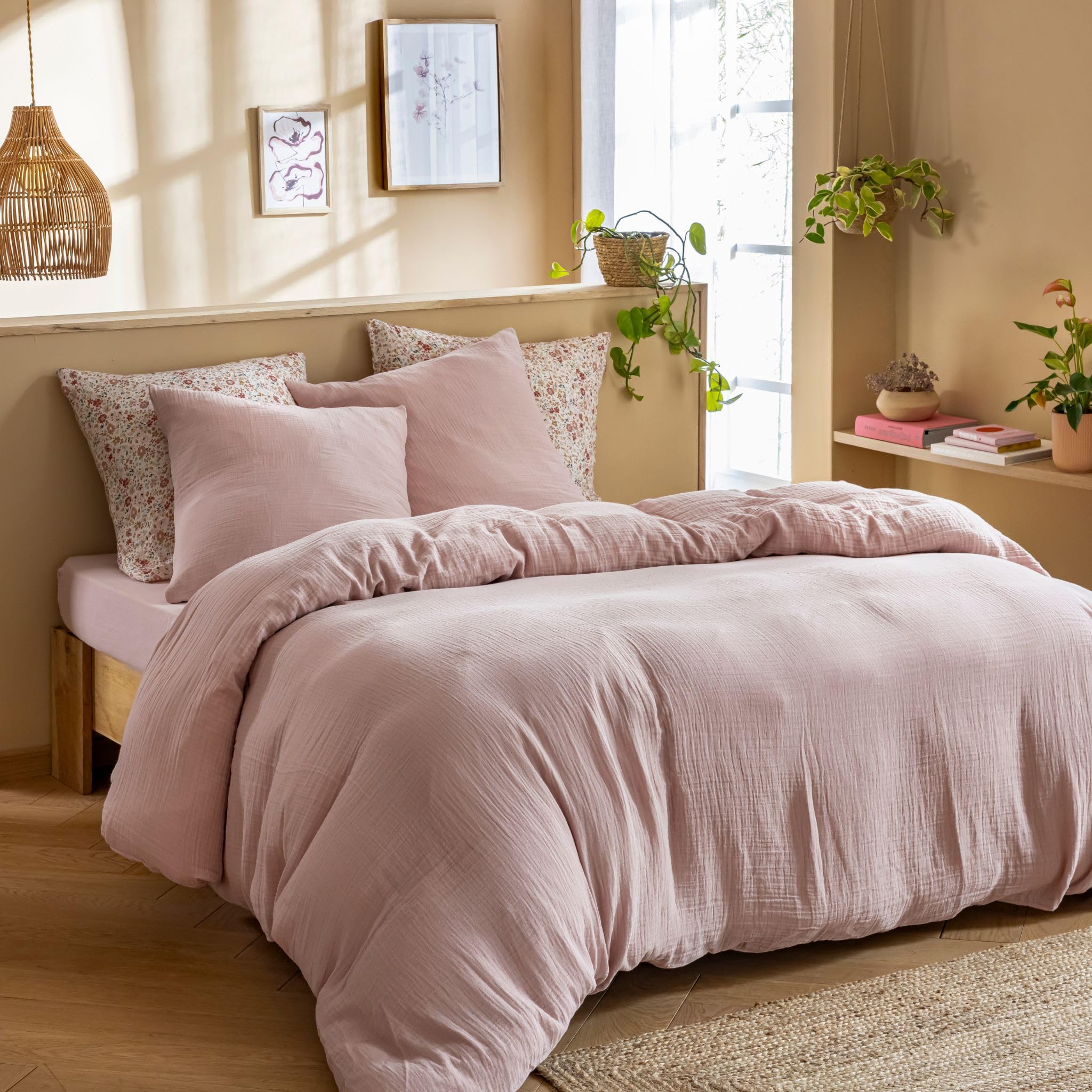Terre de Nuit - Housse de Couette 240x220 Gaze de Coton Rose Terre de Nuit June - Rose - Uni - 57 Fils/cm² - Base Droite