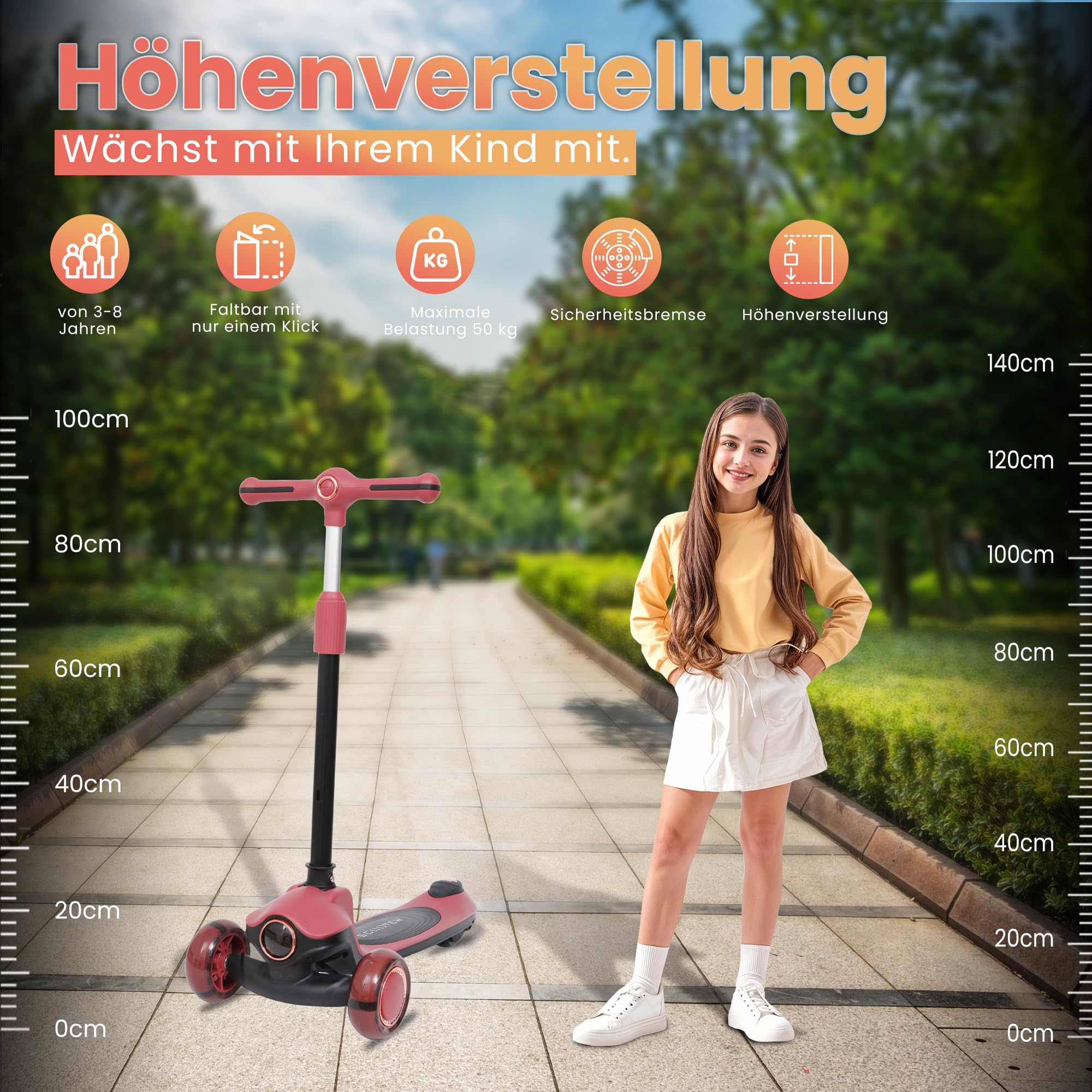 Habib Kinderroller Tretroller 3-Rad - LED Frontlicht, Rücklicht & Leuchtendes Deck Scooter, Faltbar, Höhenverstellbar, rutschfest & Pannensicher (3-10 Jahre)