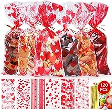 WD&CD 120 PCS 6 Styles Valentine's Day Gift Bags with Laces, Heart Designs with Love and Kisses Clear Cookie Bags Candy Bags for Valentine's Day Romantic Supplies