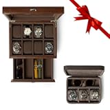 TAWBURY GIFT SET &vert; Bayswater 8 Slot Watch Box with Drawer &lpar;Brown&rpar; and Fraser 3 Watch Travel Case with Storage &lpar;Brown&rpar;