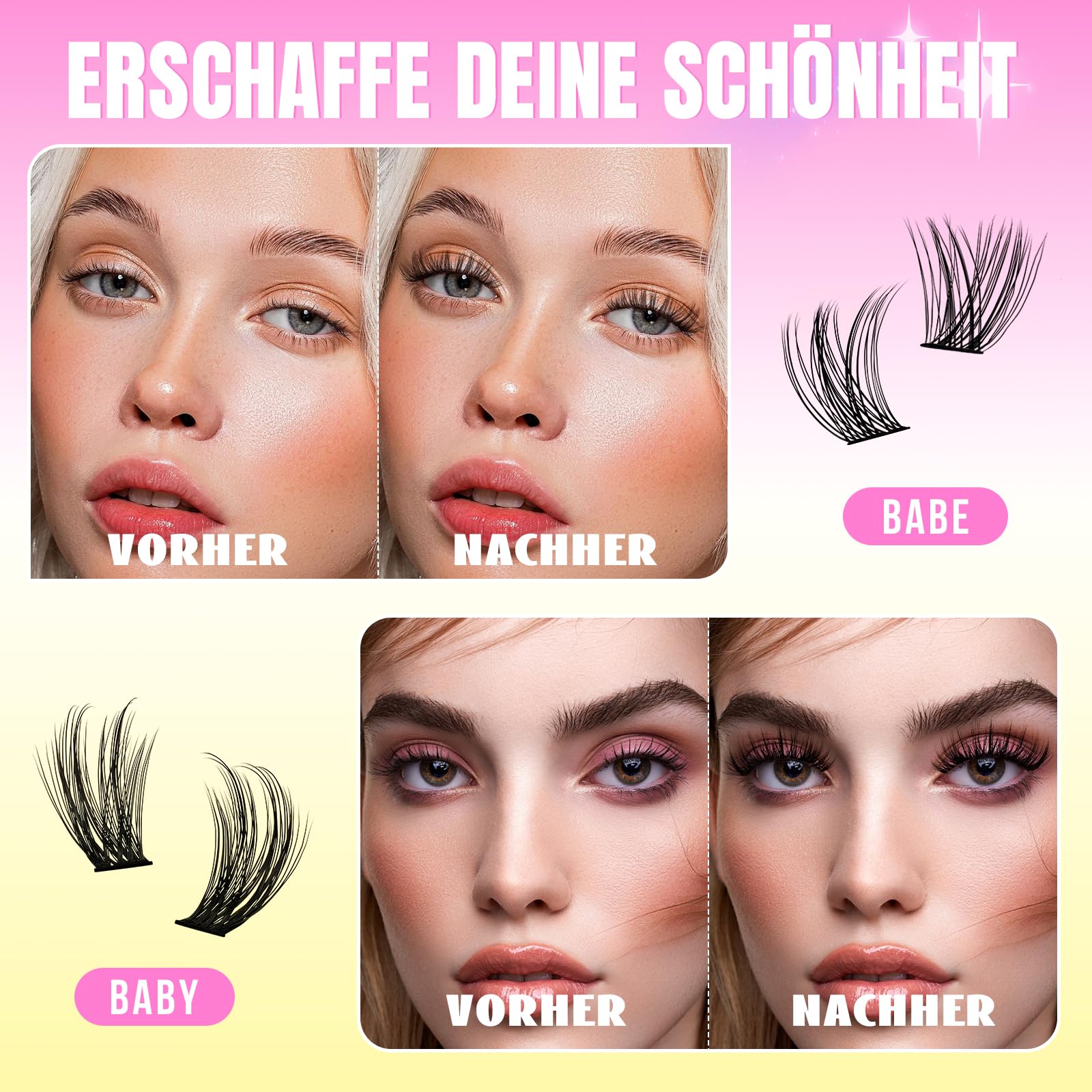 Wimpern Extensions Set Wispy Lash Extension Set 144 Stück Wimpernverlängerung Set 10-16mm D-Wimperncluster(2Style, Babe&Baby KIT)
