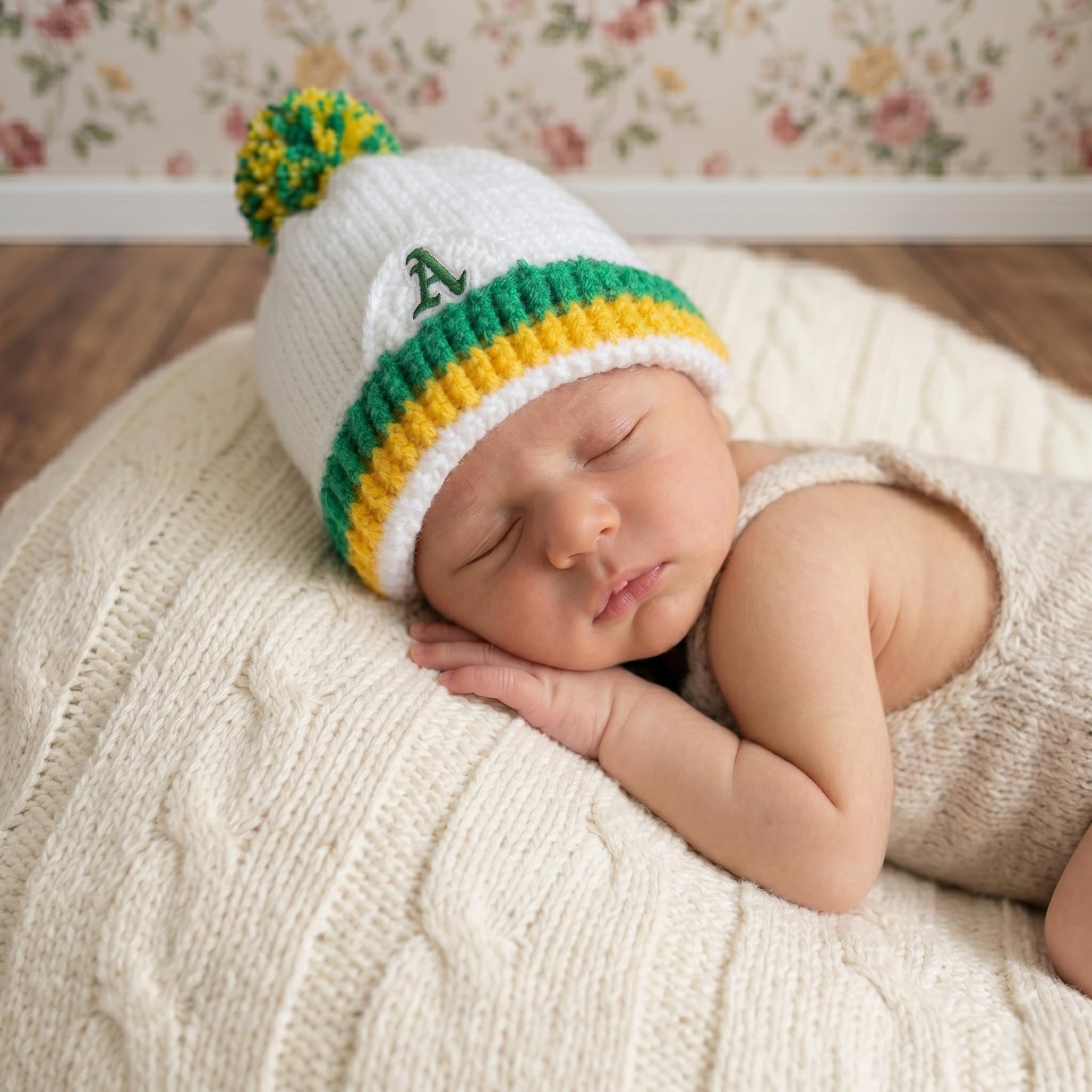 Häkel Baby Sneaker Booties Mützen Set, Jordan-Stil Grün Gelb Weiß Babyschuhe für Jungen und Mädchen, Neugeborene Kleinkinder Lauflerner, 0-3M 3-6M 6-9M 9-12M, Geschenk zur Geburt