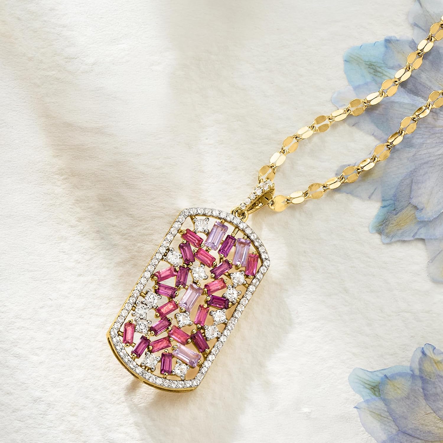 Ross-Simons Italian 2.80 ct. t.w. Multi-Gemstone Dog Tag Pendant Necklace in 18kt Gold Over Sterling. 18 inches