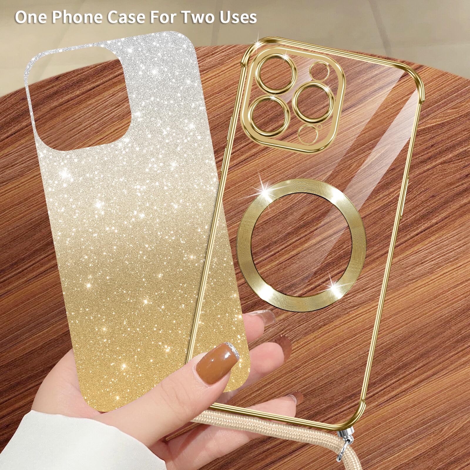 Custodia Magnetica compatibile con iPhone 15 Pro Max,Phone Glitter Cover compatibile con MagSafe,con Protezione dell'obiettivo Della Fotocamera,Resistente agli urti Antigraffi Oro