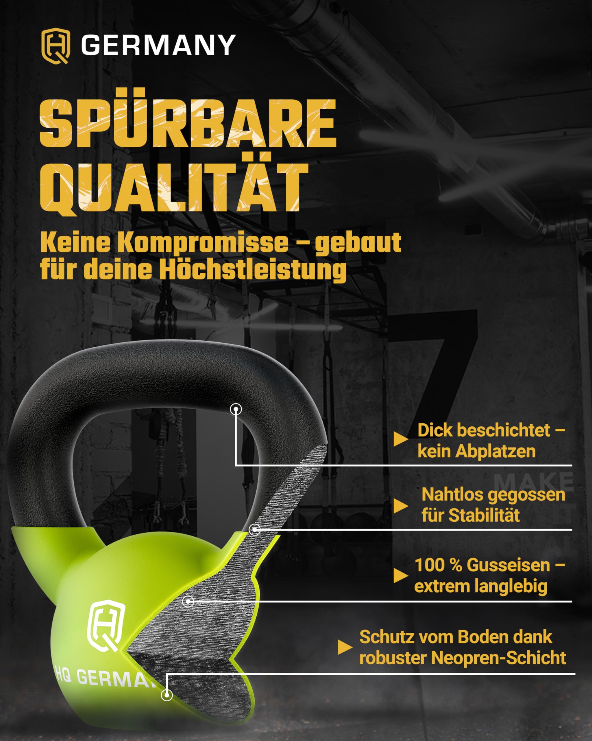 HQ Germany® Kettlebell Neopren [optimaler Bodenschutz] - Kugelhantel 2-32kg | Einteiliger Gusskern, pulverbeschichteter Griff, ±2% kalibriert, ergonomisch je Gewicht, Neoprenschicht