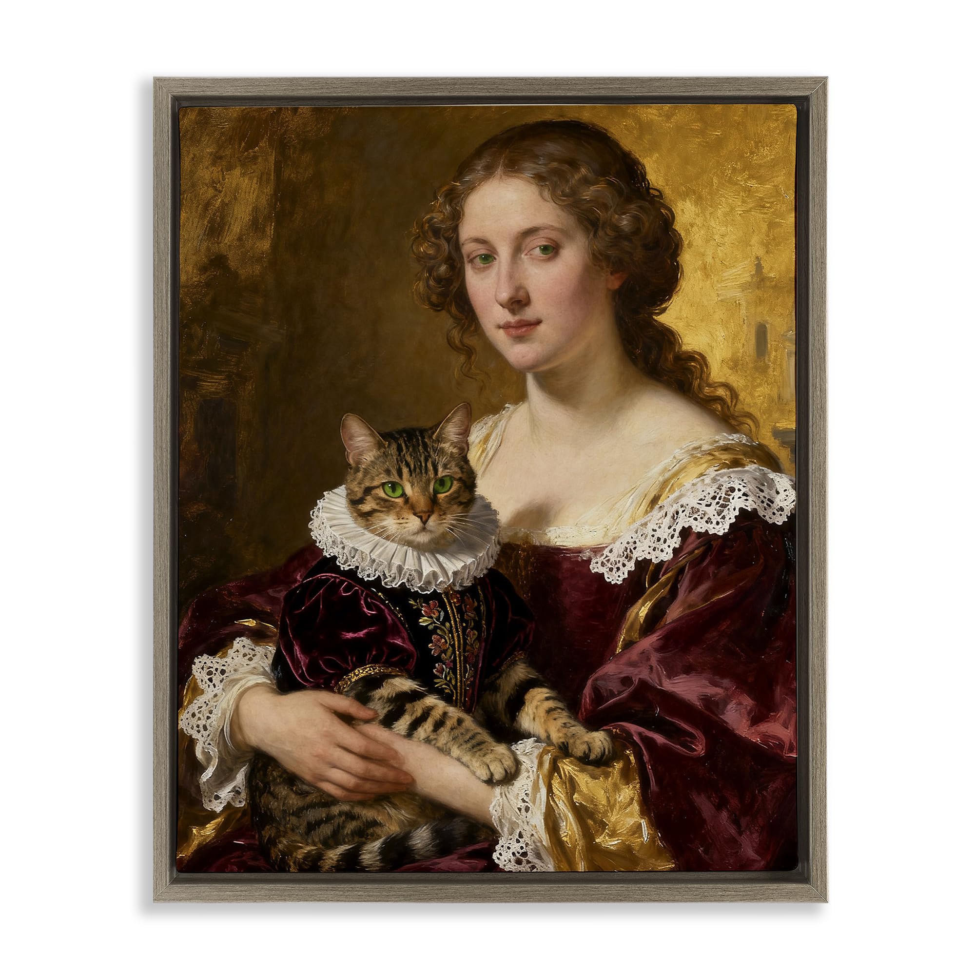 Stupell Industries 'Renaissance Lady with Regal Cat', Floating Frame Canvas Art, Brown, 17 x 21 Inches, Easy to Hang and Sturdy, Made in USA, by CAD Designs