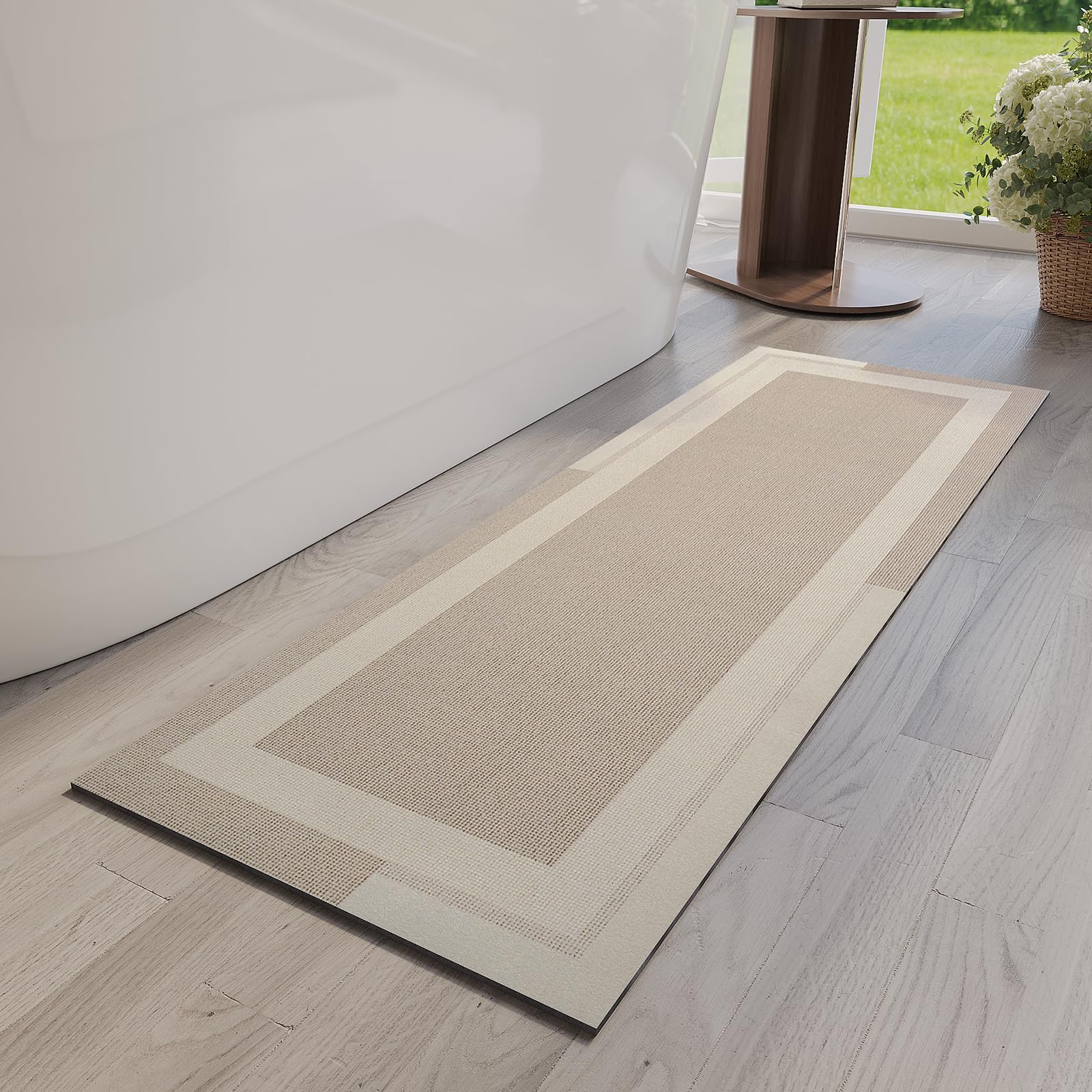 Quqei Non Slip Long Bath Mat Bathroom Runner, Rubber Backing Ultra Thin Bathroom Rugs Fit Under Door Quick Dry Super Absorbent Washable Bath Rug Shower Mat for Bathtub Sink Floor, Beige 43x120 CM