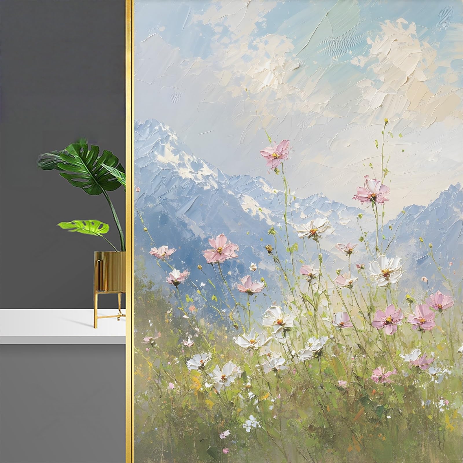 Window Stickers For Glass PVC Aesthetic Oil Paintings Stained Glass Window Film For Privacy Static Cling Light Softening Glass Film For Kitchen Bathroom Office(Style 2,90x100cm)