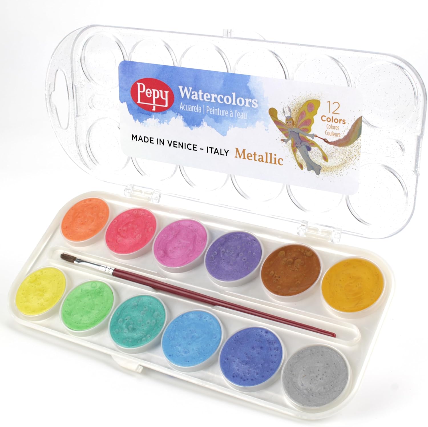 Pepy Watercolor Paint; Classpack 24-Count of 12 Color Sets; Each Set Includes Brush & Closable Mixing Tray, Metallic Pearlescent Multicolor