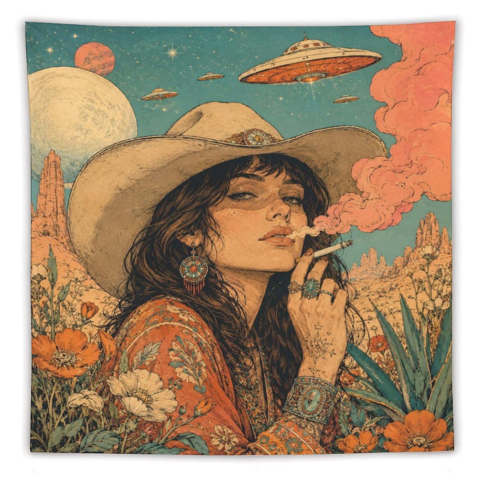 W7C8U2X3 Cowgirl with UFOs Wall Tapestry, Vintage Poster Style, Dorm Room