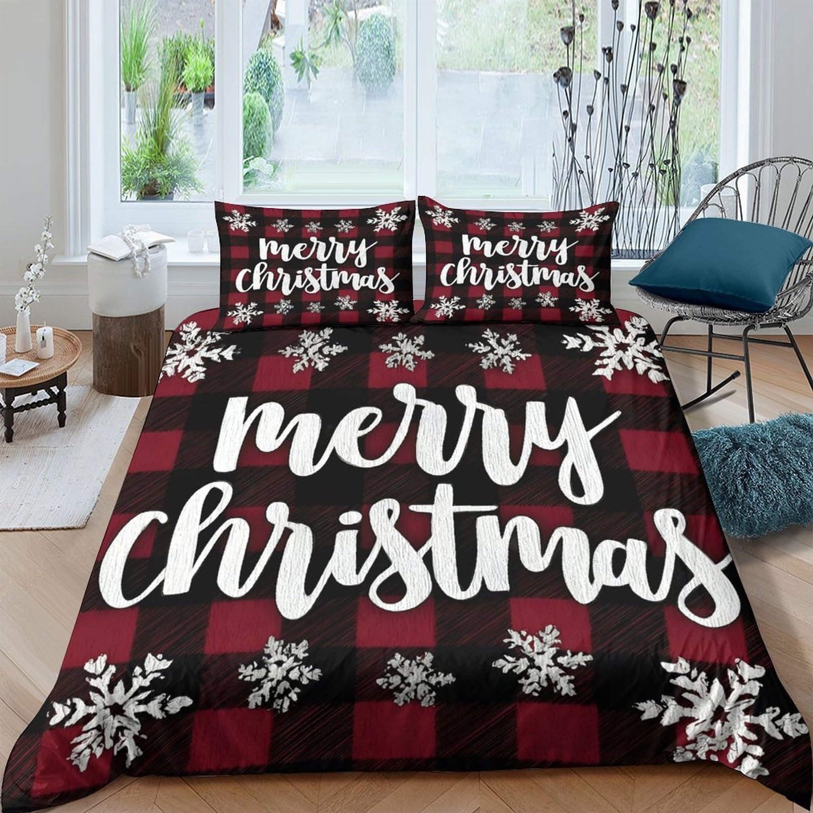 Ctjqhvkz Style-10 3D Printed Christmas Snowflake Fitted Sheet Microfiber Plaid Red Black Bed Cover For Bedroom Guest Room Easy Care Single（135X200cm）