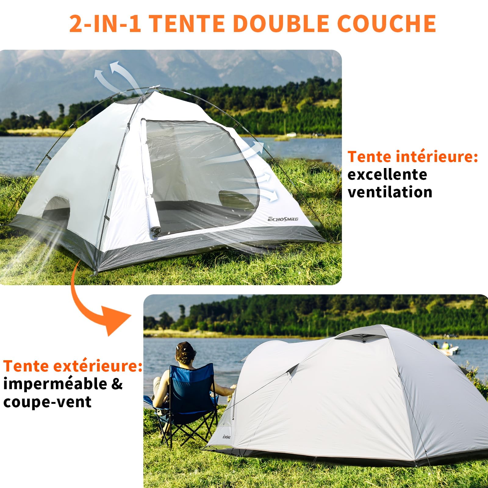 EchoSmile Tente Trekking 3-4 Personnes, Ultralégère 3-4 Saisons, Imperméable & Ventilée, Dôme Facile à Installer, Tente yourte pour Outdoor, Randonnée, Camping