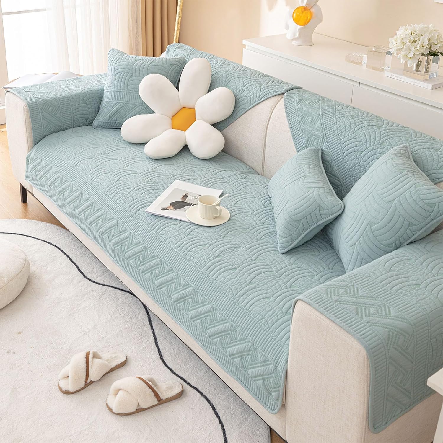 vctops Solid Color Cotton Quilted Sofa Couch Cover Weave Pattern Soft Sectional Couch Covers Embroidery Non-Slip Sofa Slipcover for Dogs, Children, Pets Furniture Protector (Blue,43"x43")