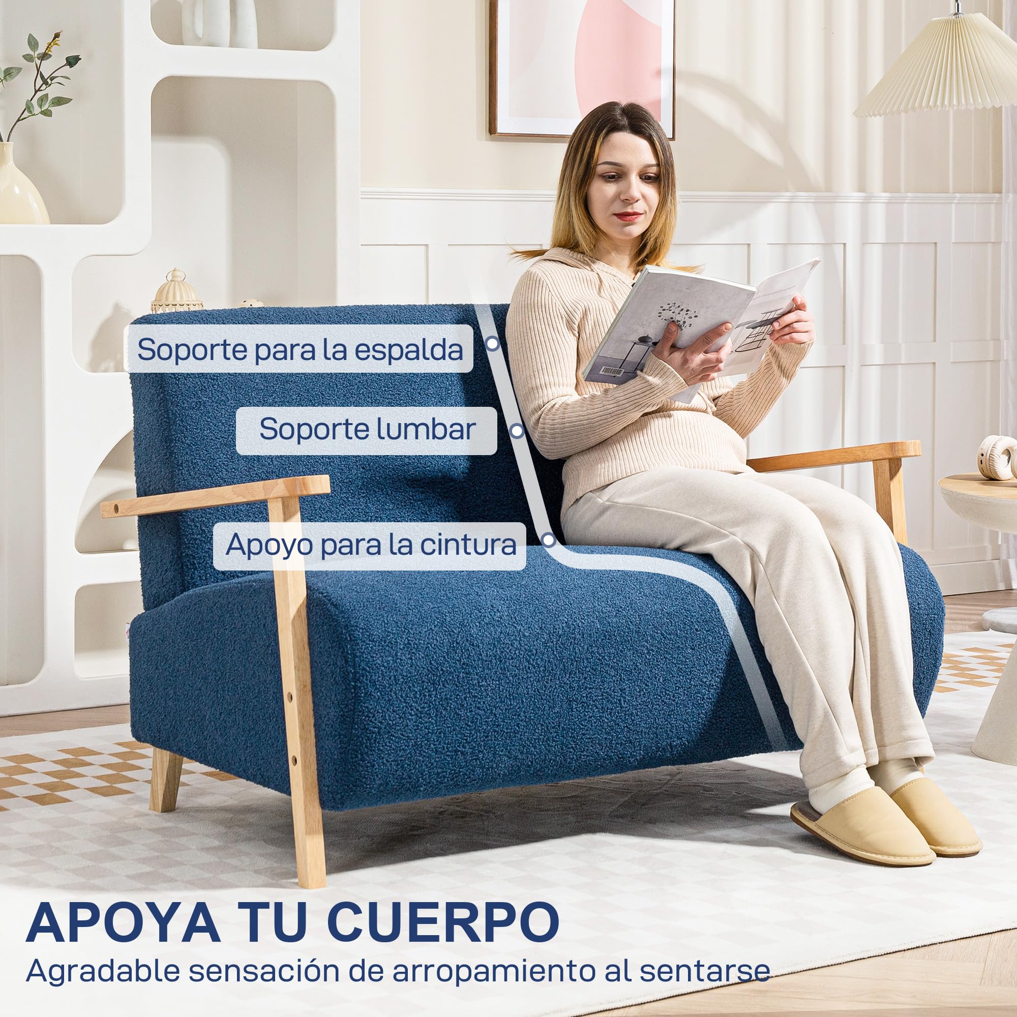 HOMCOM Sofá de 2 Plazas Tapizado en Borreguito Sofá de Salón de 118 cm con Acolchado Grueso Reposabrazos y Patas de Madera para Dormitorio Sala de Estar Azul Oscuro