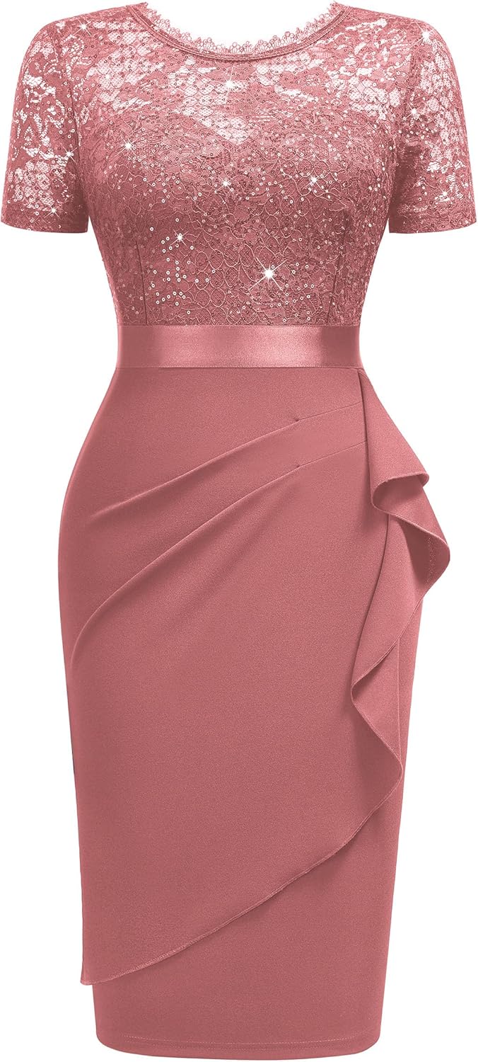 Miusol Women's Elegant Sequin Floral Lace Scoop Neck Ruffle Style Cocktail Party Dress - Image 5