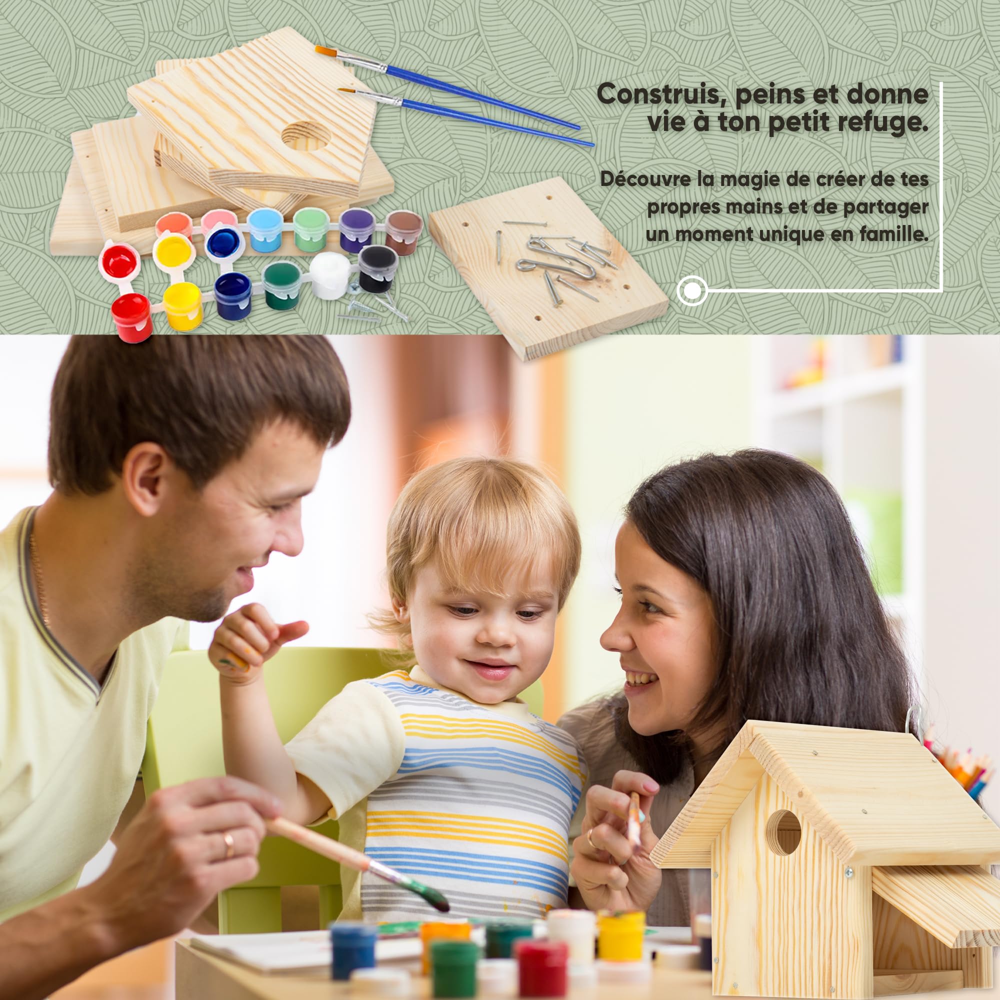 Mice&Co Maison d'Oiseau en Bois à Peindre | Kit Loisir Créatif DIY Jardin | Inclut 12 Peintures et 2 Pinceaux, Clous et Vis Inclus, Origine Européenne, Vrai Nichoir, Idée Cadeau