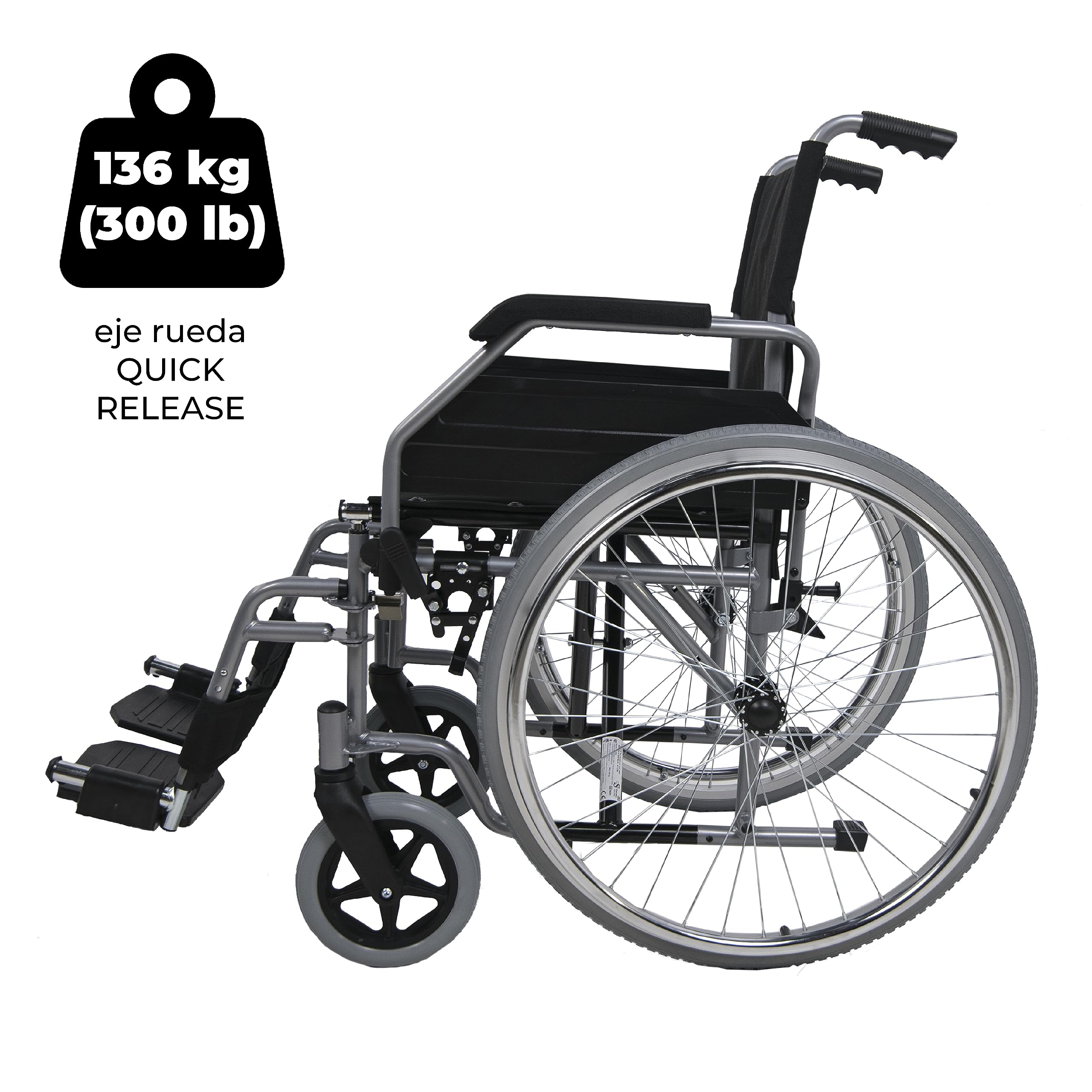 SANITEC - Silla de Ruedas de Acero Ligero para Minusválidos, Plegable, Resistente 136 Kg, Freno manual, Reposapiés y Reposabrazos abatibles y extraíbles. Ortopedia y Ayudas Técnicas