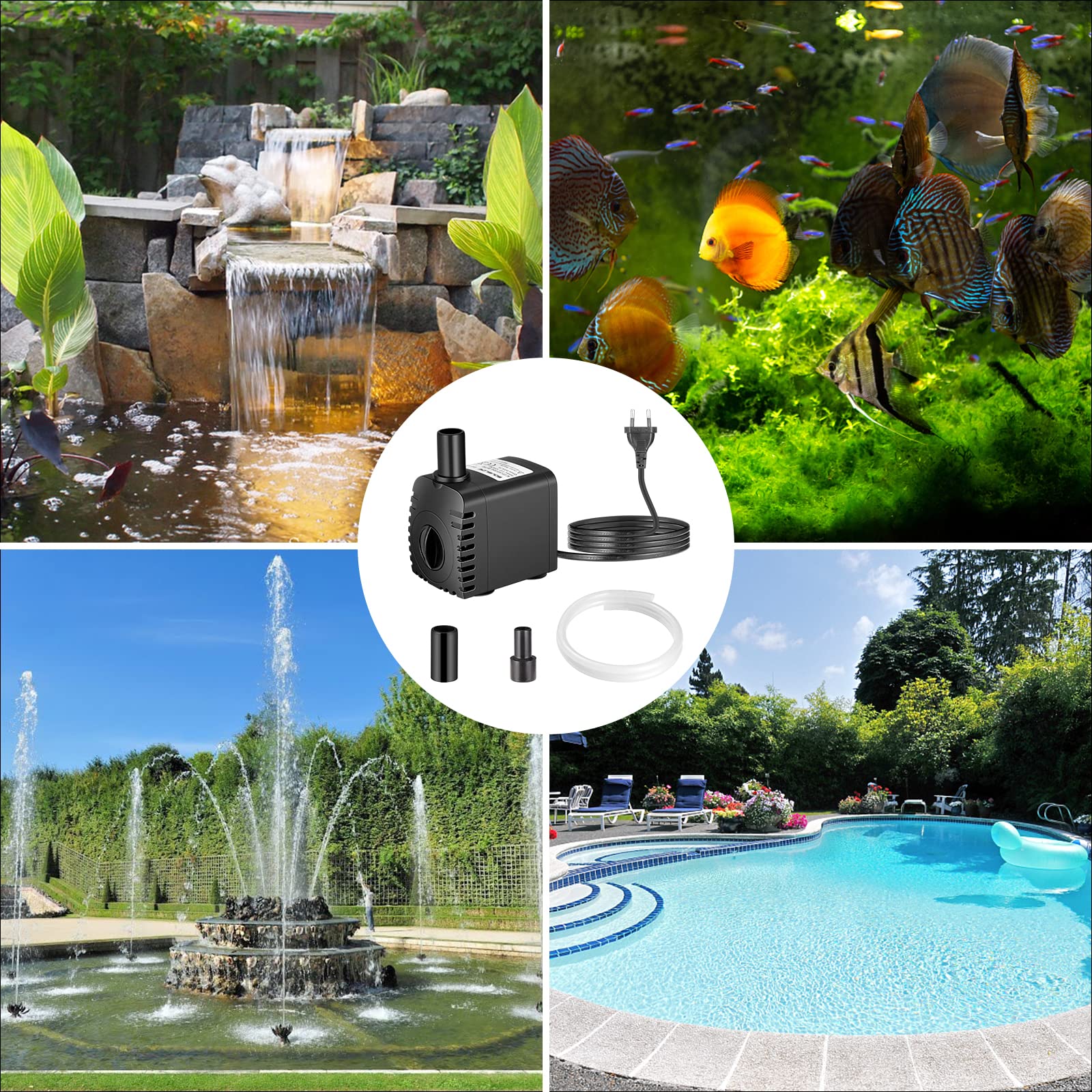 Pompe à eau submersible 8 W 600 l/h AC220-240 V avec 2 buses pour aquarium, étang, fontaines, jardin Noir Plastique Modern Pompe à eau