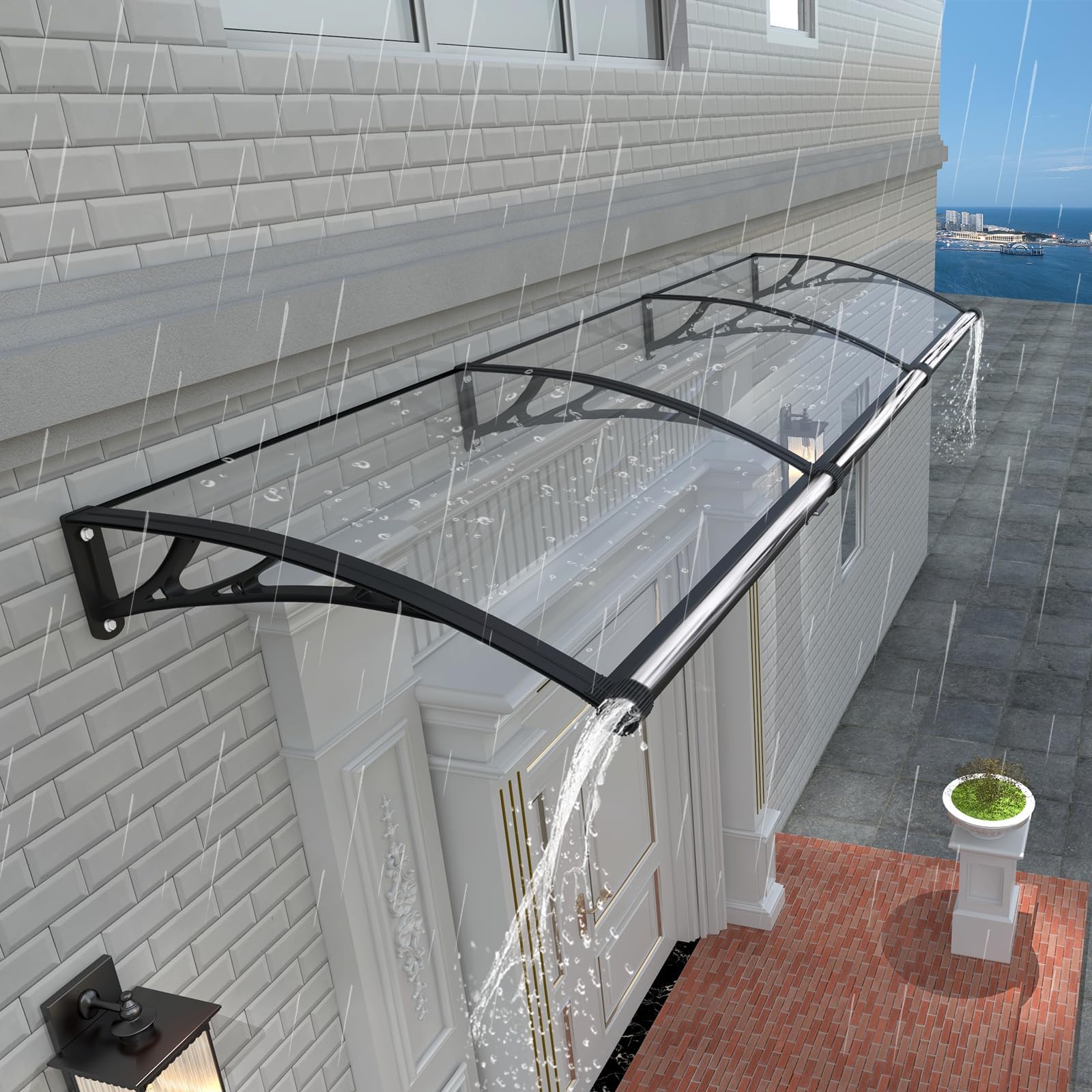 Vordach für Haustür mit separater Entwässerung, 200x80cm-Fenstervordach, Robuste Polycarbonat Pultvordach Überdachung für UV-, Regen- und Schneeschutz, ideal für Veranda