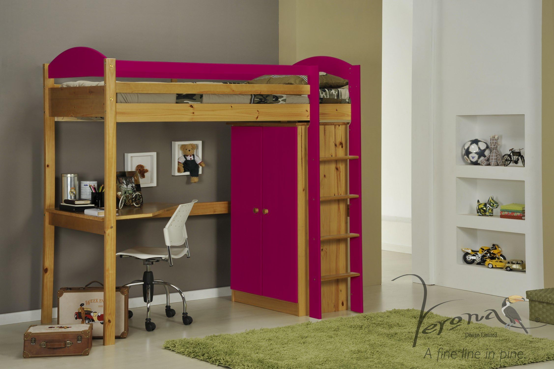 Maximus High Sleeper Antique Pine Wood Tall Boy,Corner Desk,Fuschia Fronts