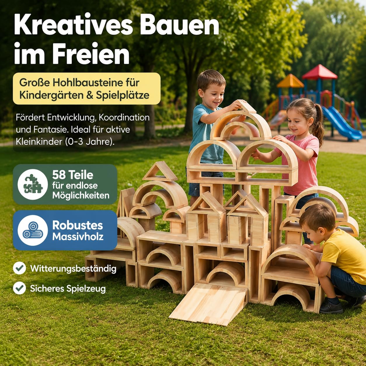 Große Bauklötze, 58 Hohlbausteine aus Natur, Spielzeug ab 6 Monate für Kleinkinder, stapelbar für draußen