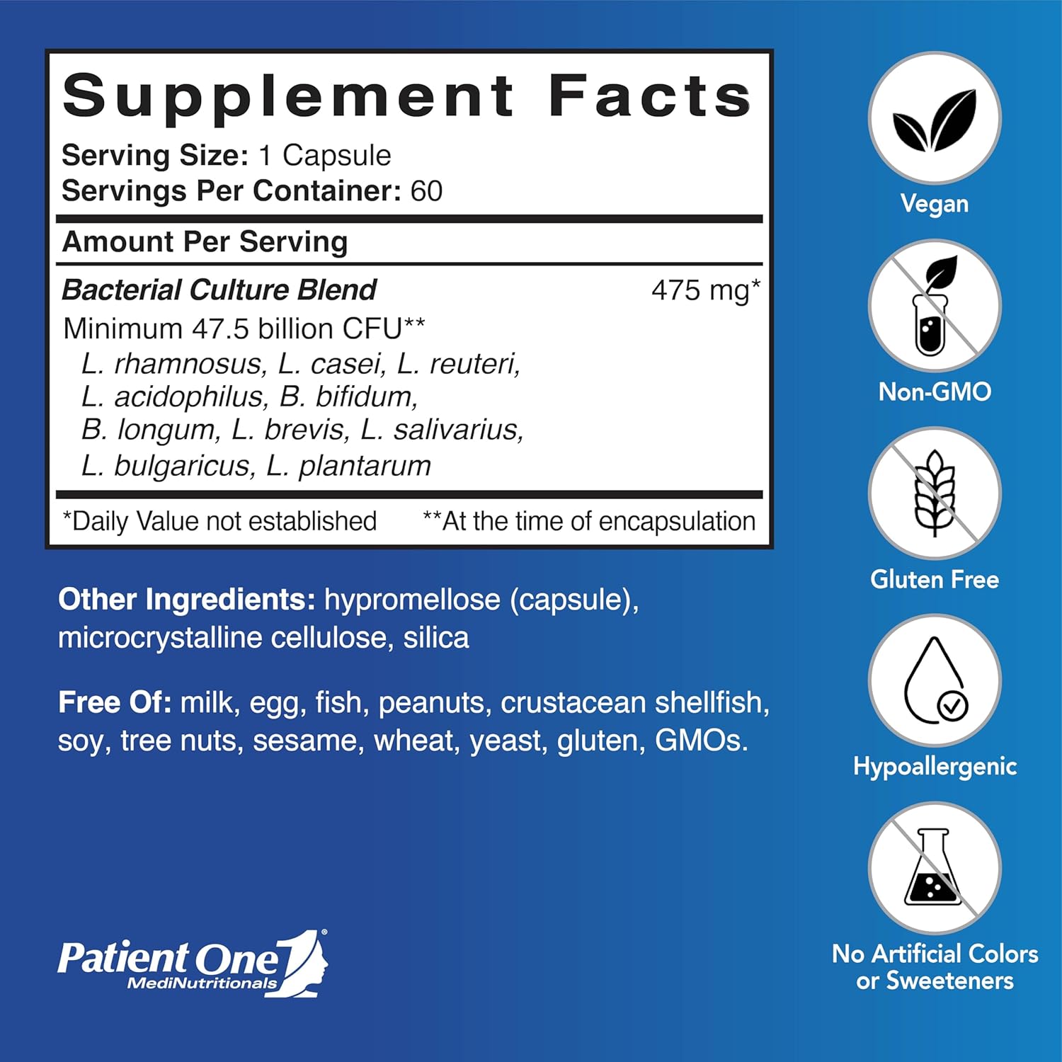 Patient One Flora-Biotic Ultra | Probiotic Supplement to Support Balanced Intestinal Flora* | 47.5 Billion CFU Plus 10 Probiotic Strains | 60 Capsules