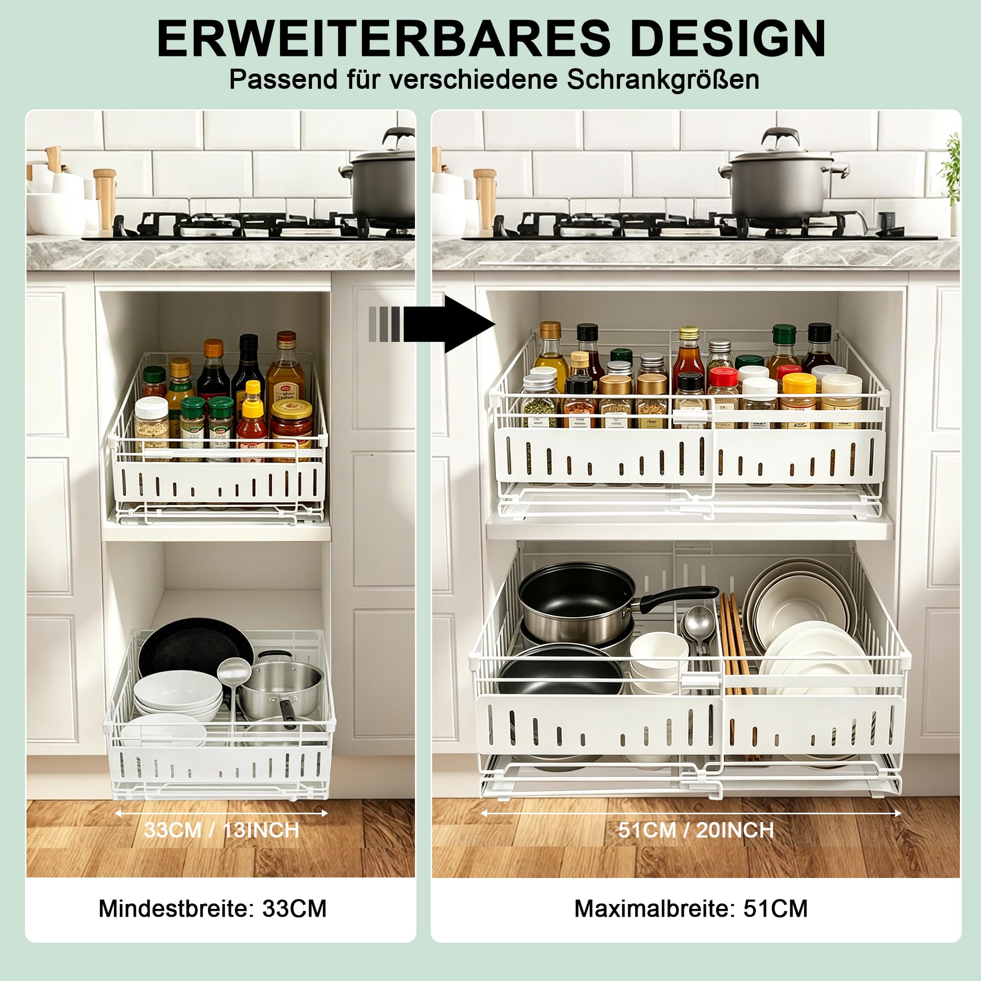 2 Stück Ausziehbare Schublade Küche, Teleskopschublade Inklusive Schubladenmatte, Einstellbarer Breite 33-51 cm, Küchenschrank Organizer ohne Bohren für Küche, Bad, Zimmern und Abstellräumen, (Weiß) | Mit Schubladenmatte, Ausziehbreite (33-50 cm), 3 Gleit