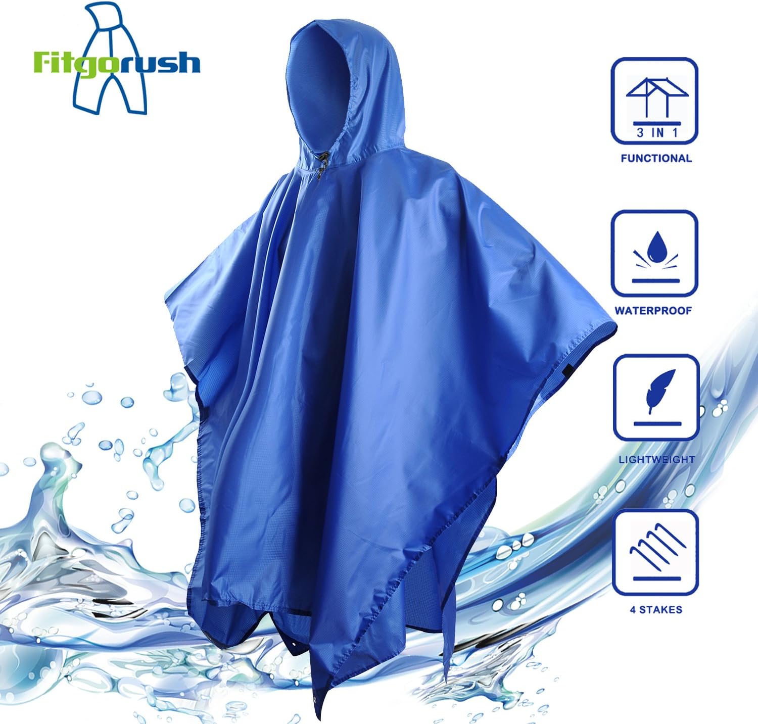 Fitgorush Multi-Functional Rain Poncho, Waterproof and Lightweight Rain Coat, Gound Mat for Shelter Use Climbing Camping Cycling (4 Pegs Inculded)