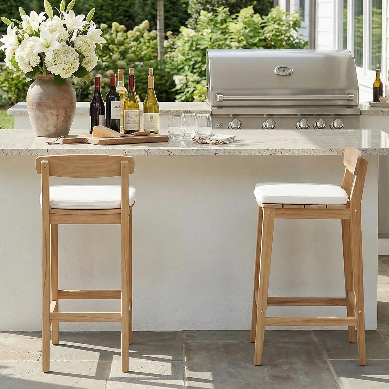 Patio Bar Stools Set of 2, Solid Acacia Wood Patio Barstools with Footrest, 28.5" Counter Height Outdoor Bar Stools, High Top Patio Bar Chairs for Balcony/Deck/Kitchen Island/Bistro, Beige