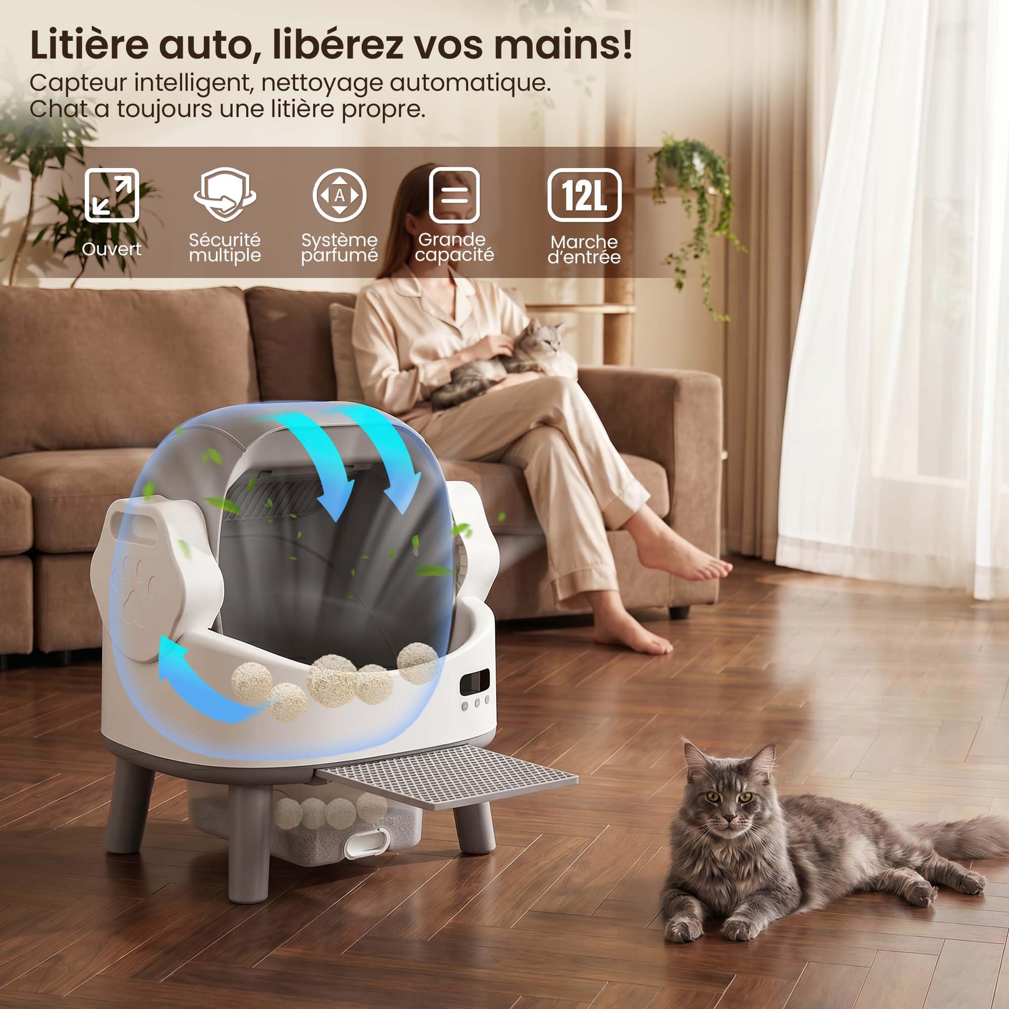 JUMMICO Litière Auto-nettoyante Grande capacité, litière électrique Automatique avec capteurs de sécurité quadruples, Utilisation Facile & contrôle des odeurs, pour Grands Chats jusqu'à 10 kg