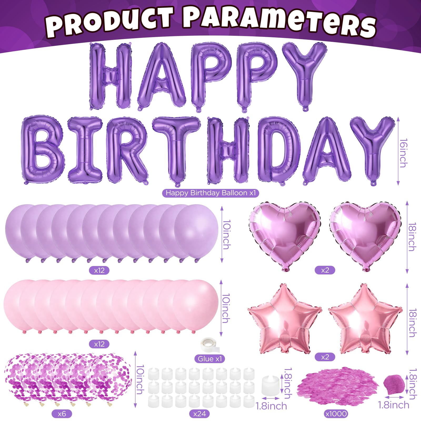 Globos de cumpleaños morados y rosados, decoración de globos de cumpleaños rosa y morado, pancarta con globo de estrella y corazón, 1000 pétalos de rosa artificiales, 24 velas LED sin llama para