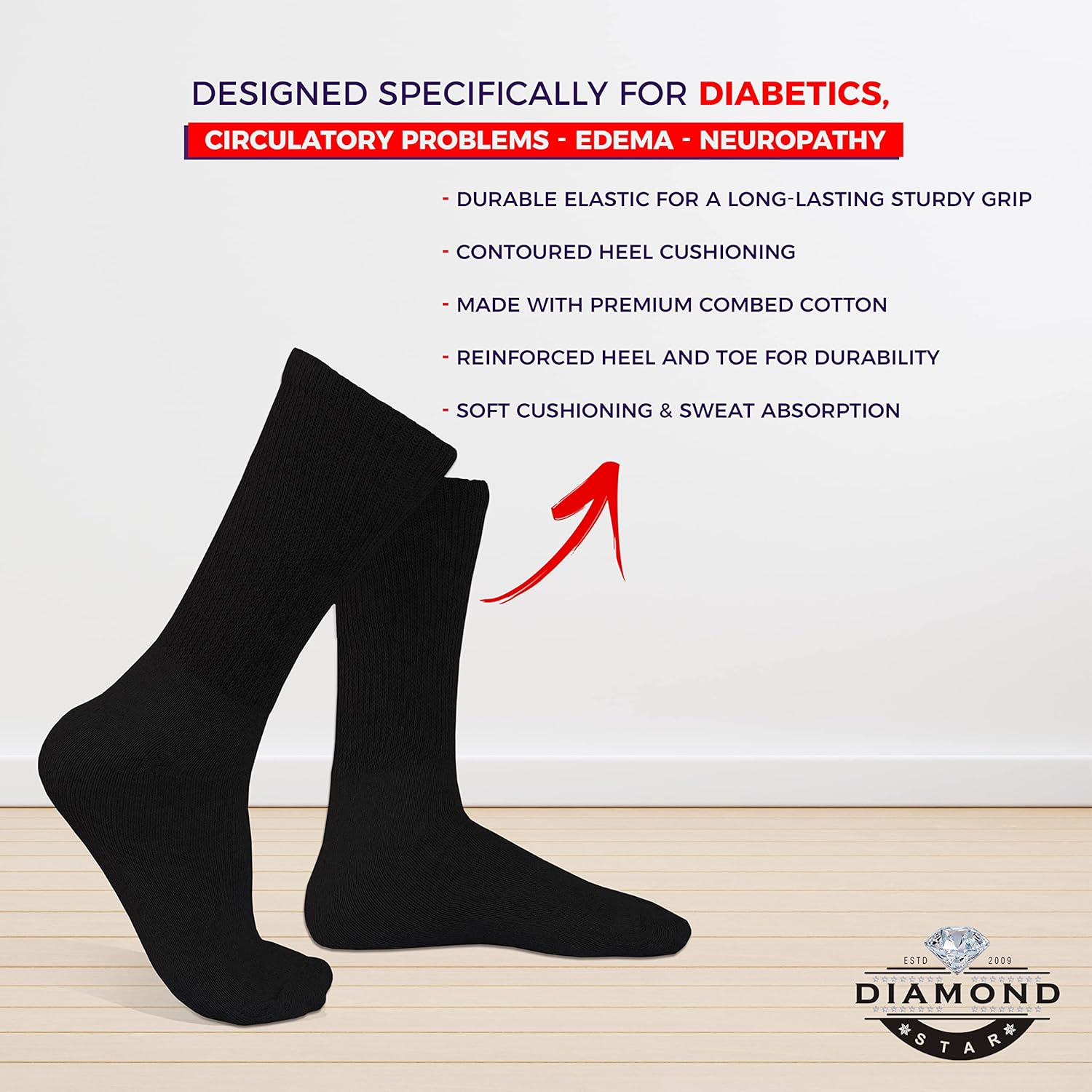 Diamond Star Diabetic Socks, Non-Binding Circulatory Cushion Cotton Crew Diabetic Socks for Men Women : Health & Household