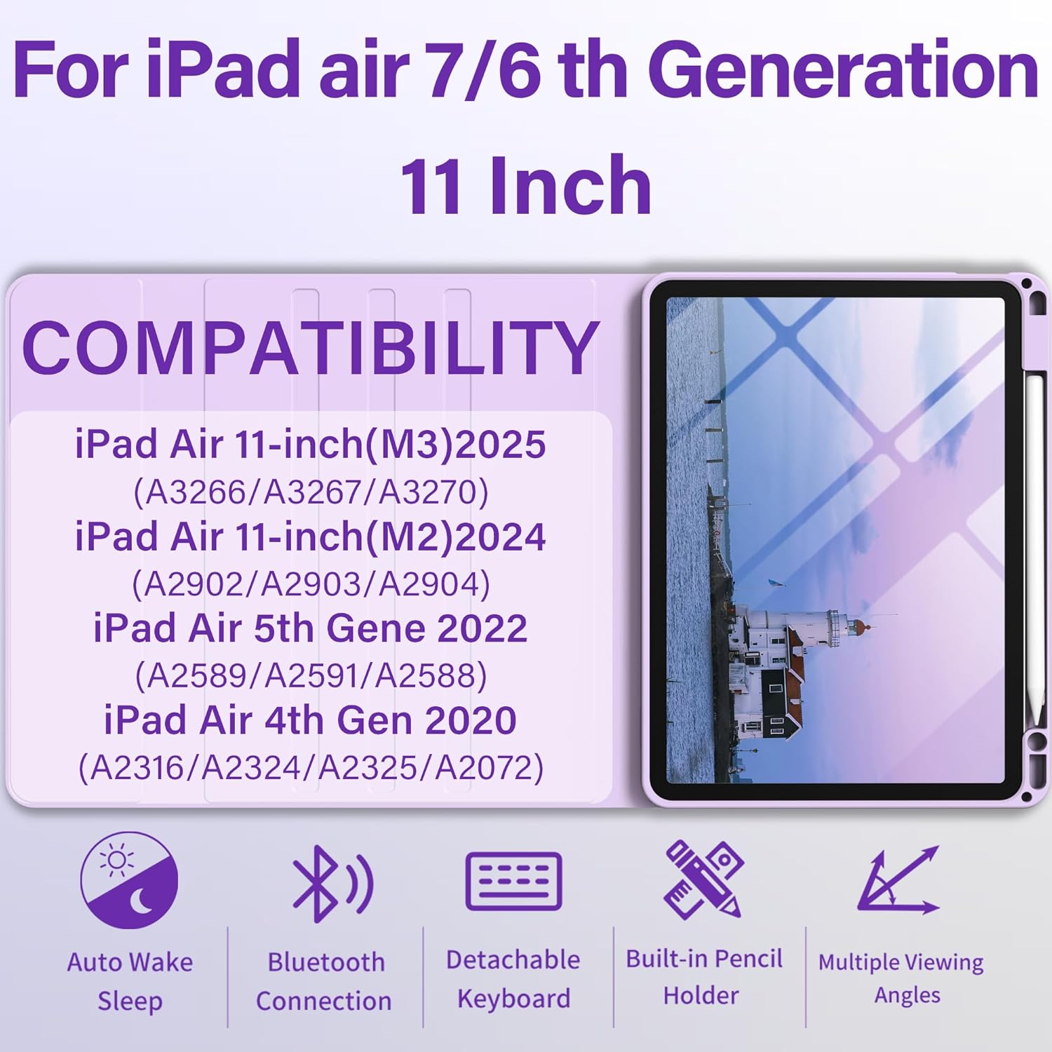 Keyboard Case for iPad Air 11-inch M4/M3/M2 (2026/2025/2024), iPad Air 5th 4th Gen 10.9 inch 2022/2020 Case with 7-Color Backlit Detachable Bluetooth Keyboard, Purple