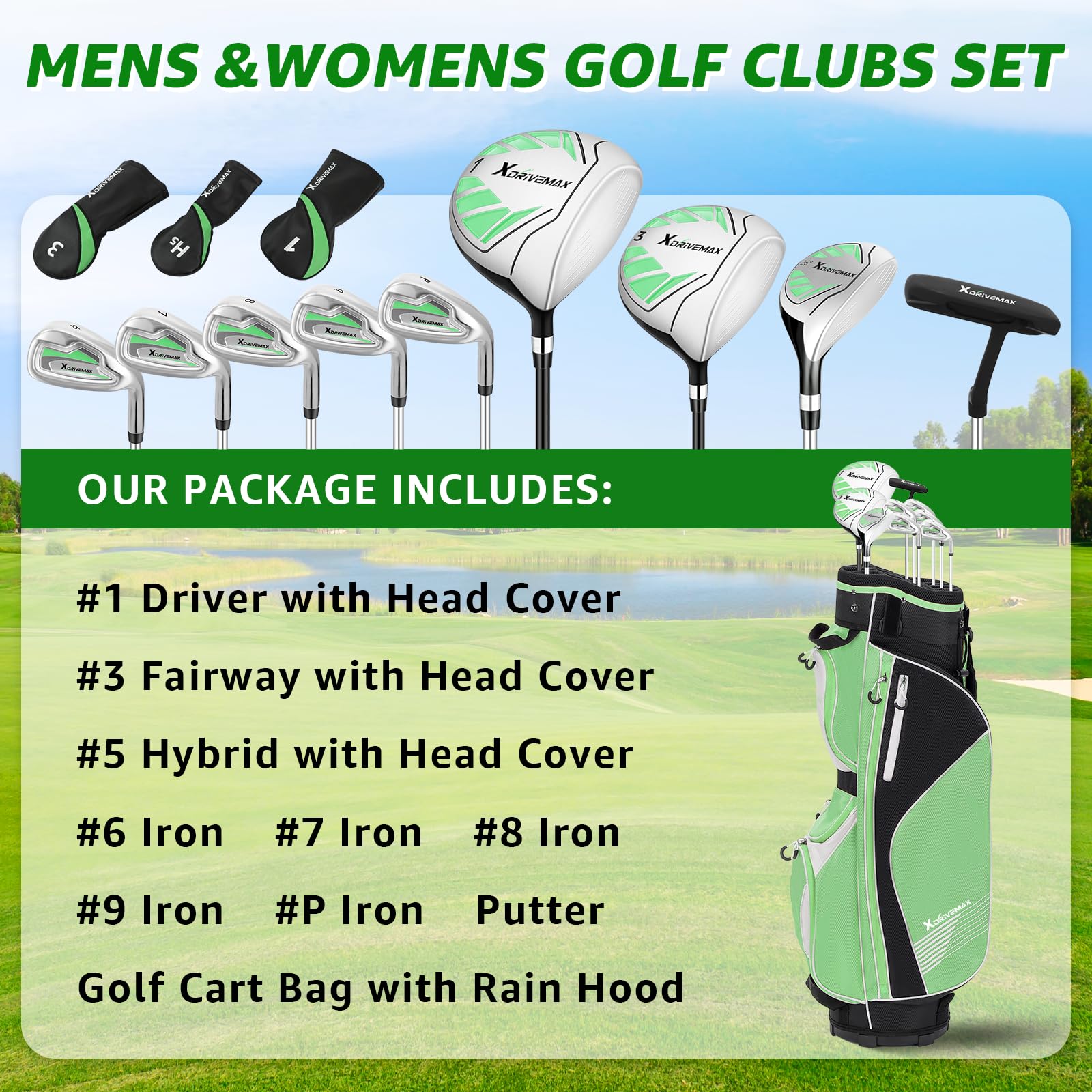XDriveMax 10 Teilige Komplettes Damen Golfschläger Set, Golf Set Rechtshänder,Inklusive Cart Bag mit Regenhaube, 1#Driver 3#Wood #5 Hybrid, mit 3 Kopfhüllen, 6# 7# 8# 9# PW# Eisen und Putter