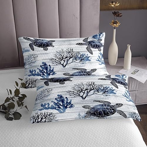 Miniatura 4 de Erosebridal Juego de colcha de tortuga marina, juego de edredón náutico costero, tortuga reptil, océano y playa, juego de ropa de cama de animales