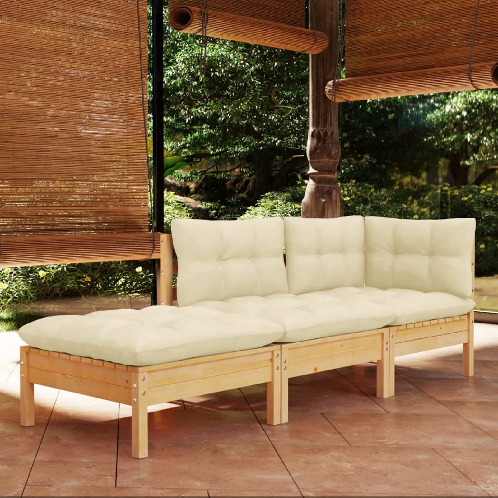 Muebles de jardín 3 Piezas Cojines, Set Exterior Jardin, Conjunto De Jardin, Conjunto Muebles Jardin Exterior, Sofa Jardin Terraza, Madera Maciza de Pino Crema