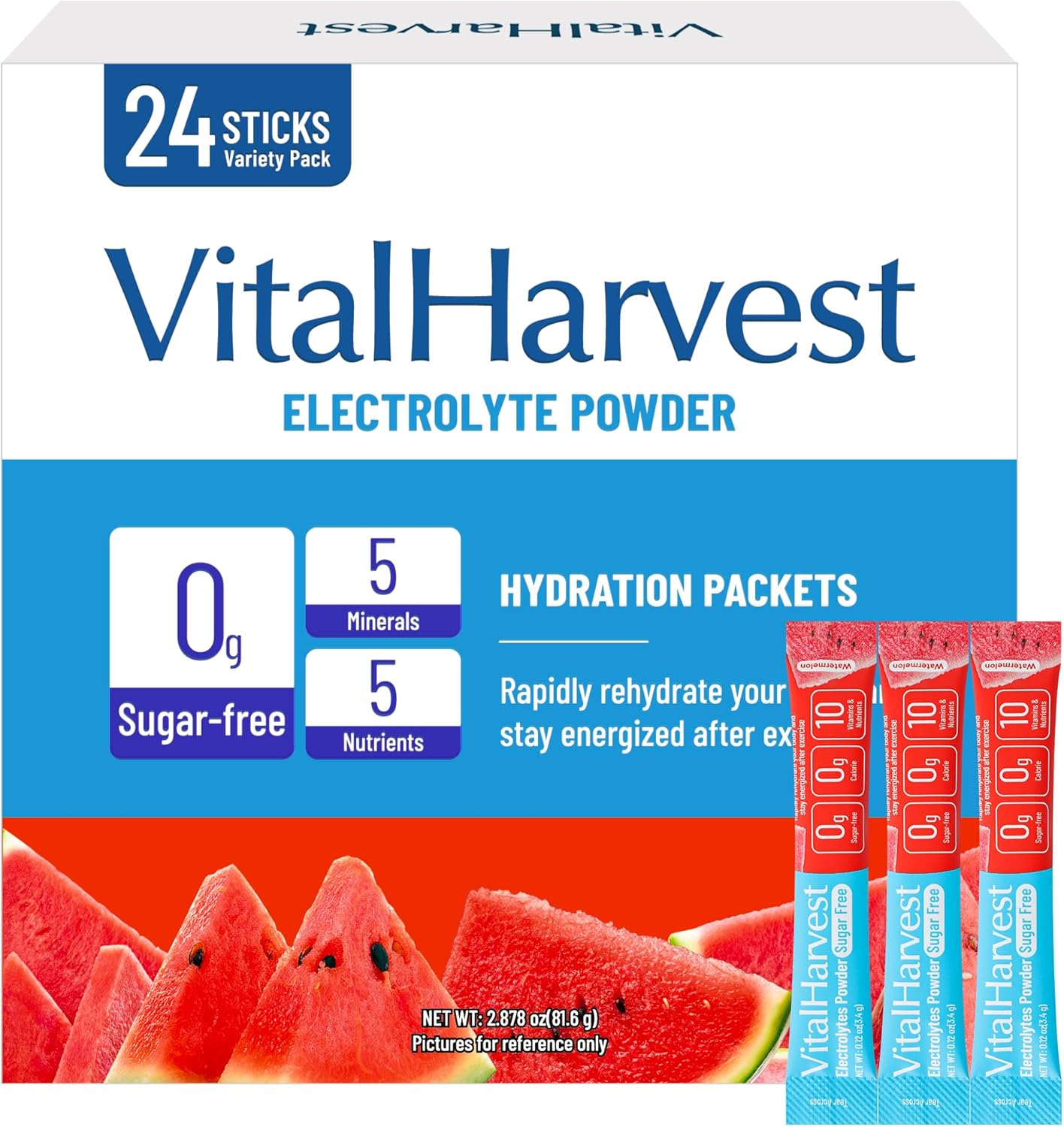 VitalHarvest 24 Sticks Electrolytes Powder Packets 7 Flavors Sugar Free Hydration Packets Liquid Daily IV Drink Mix, Low Sodium, Watermelon