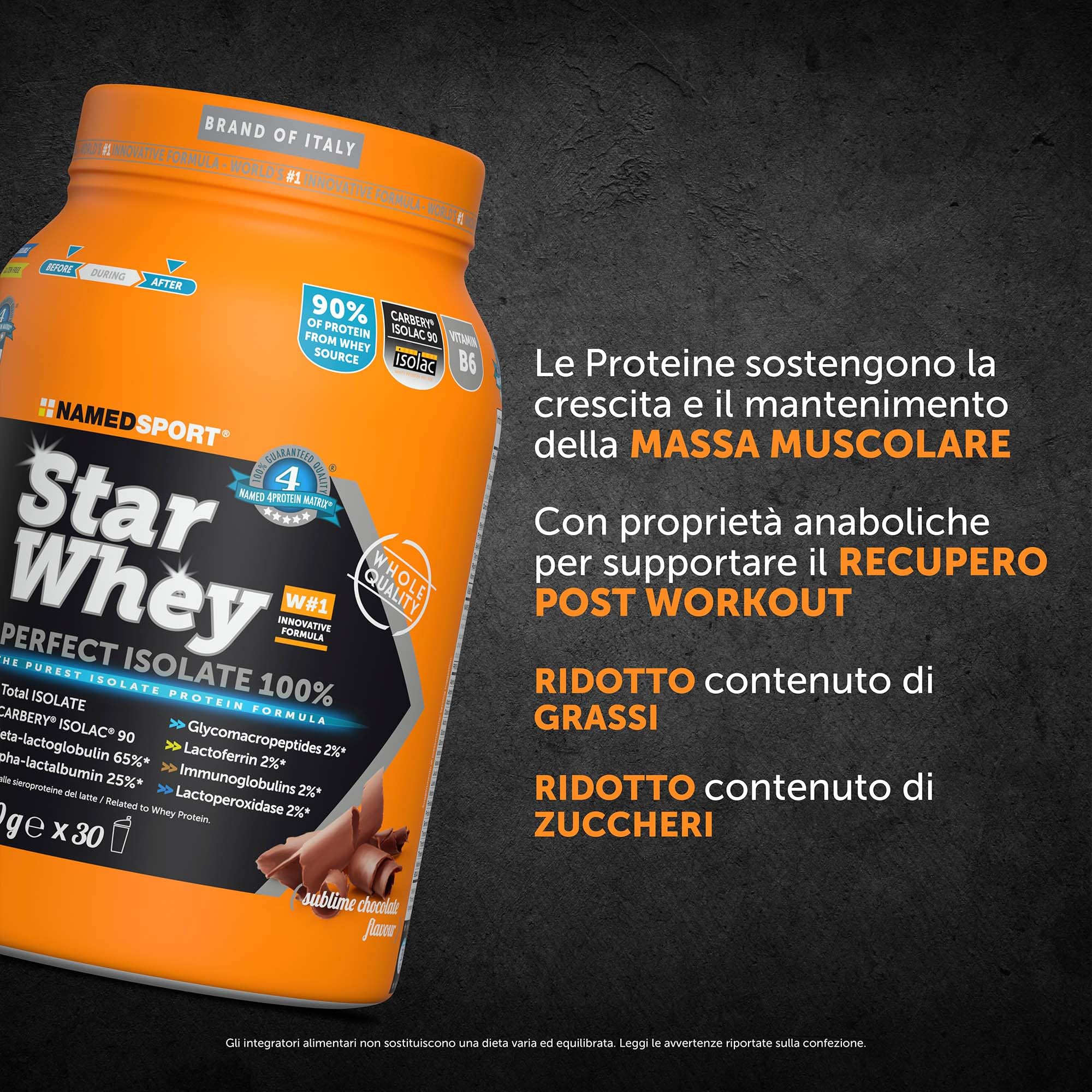 NAMEDSPORT Star Whey Isolate Proteine in Polvere Isolate | Proteine del Siero del Latte ad Alta Purezza per Massa Muscolare e Recupero | Low Sugar & High Protein | 750g – Cioccolato
