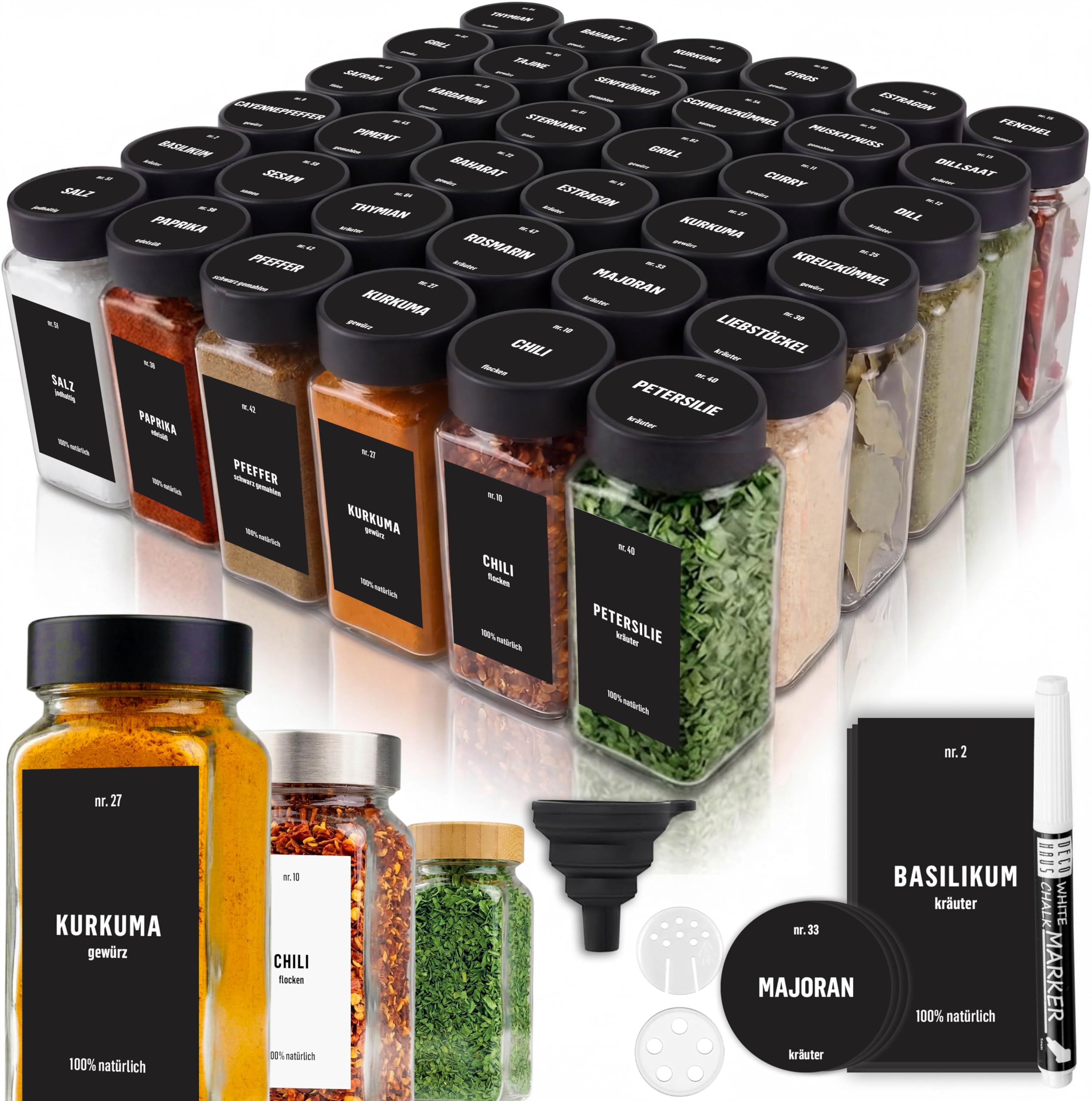 Deco haus® Lot de 36 Bocaux à Épices Carrés Hermétiques [avec Étiquettes & Saupoudreur] - Bocaux en Verre - Pot a Epices en Verre et Bois, Spice Jars - Récipients d'Épices - Pot à Epices