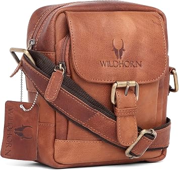 حقيبة كتف جلدية أصلية من WILDHORN مقاس 9 بوصات للرجال، حقيبة كروس بودي متعددة الأغراض، أبعاد L- 8 بوصات، ارتفاع- 9 بوصات، عرض- 3 بوصات